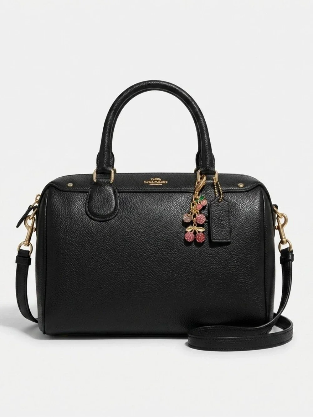 Coach Black Pebbled Leather Satchel with Cherry Charm